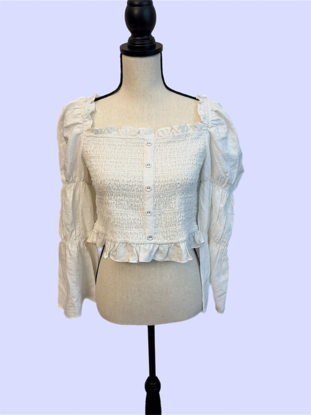 Lost + Wander White Smocked Ruffle Button-Front Blouse Sz L **Read**